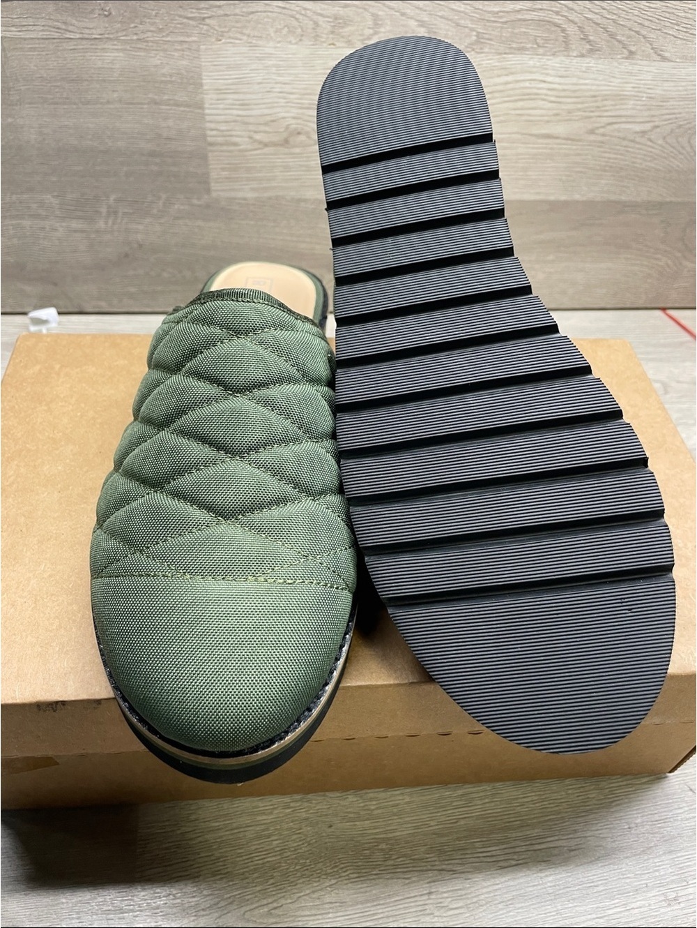 RSVP Quilted Olive Slip-On Mule with Black Ribbed Sole #148